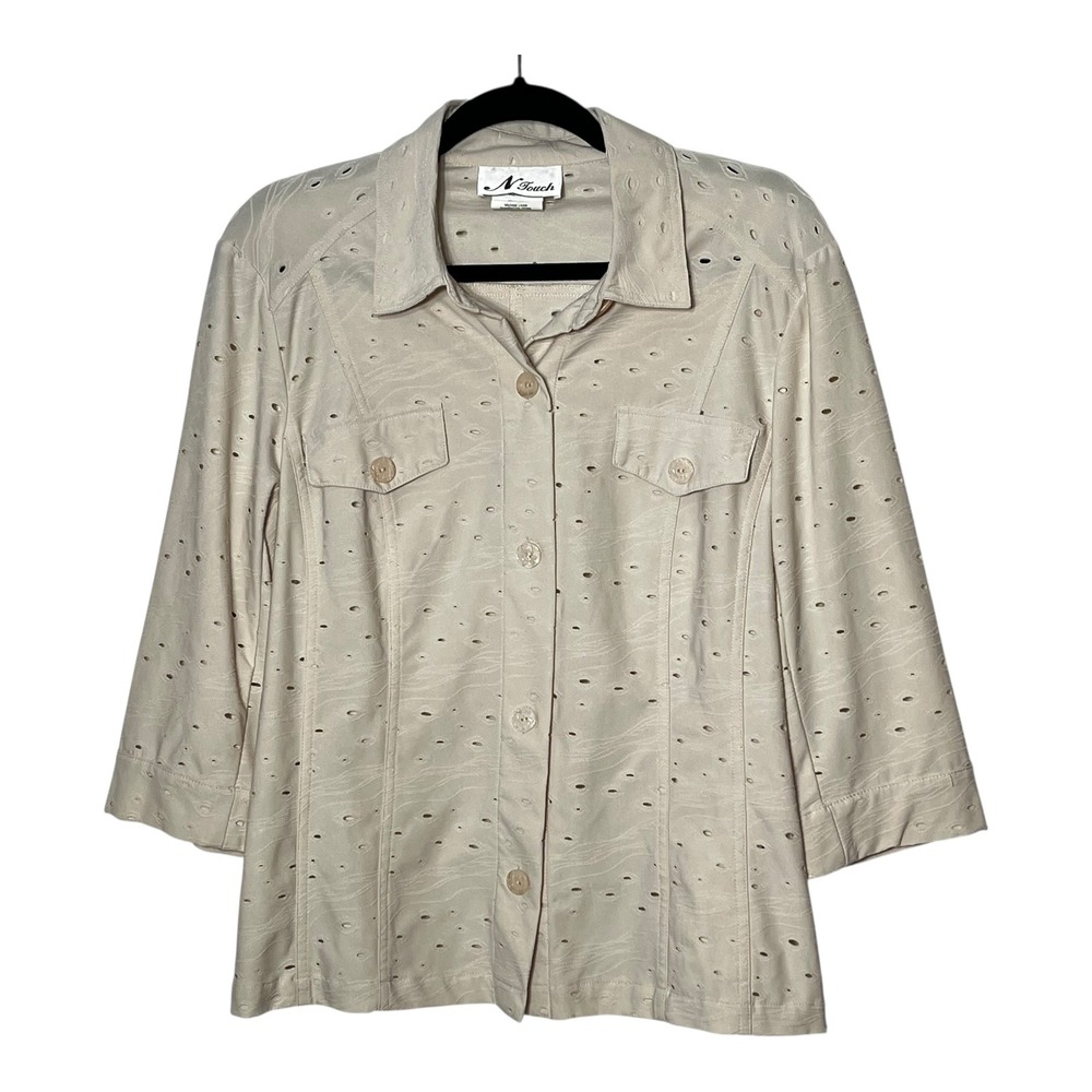 N Touch Womens Beige Eyelet Cutout 3/4 Sleeve Button Up Shirt Size M